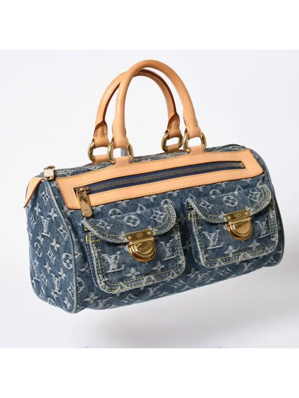 Louis Vuitton Neo Speedy Handbag Monogram Denim Indigo Blue Gold